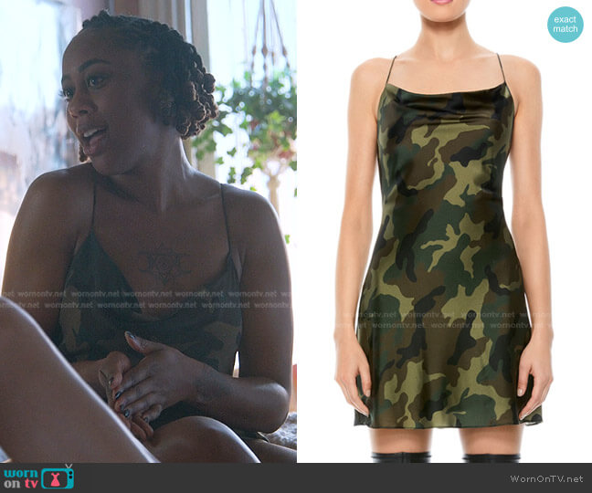 Harmony Camouflage Slip Dress by Alice + Olivia worn by Malika Williams (Zuri Adele) on Good Trouble