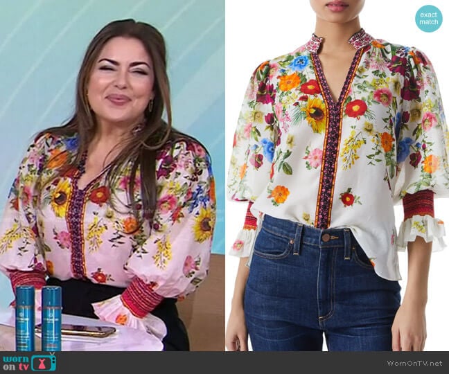 Ilan Floral Puff Sleeve Silk & Cotton Blouse by Alice + Olivia worn by Bobbie Thomas on Today