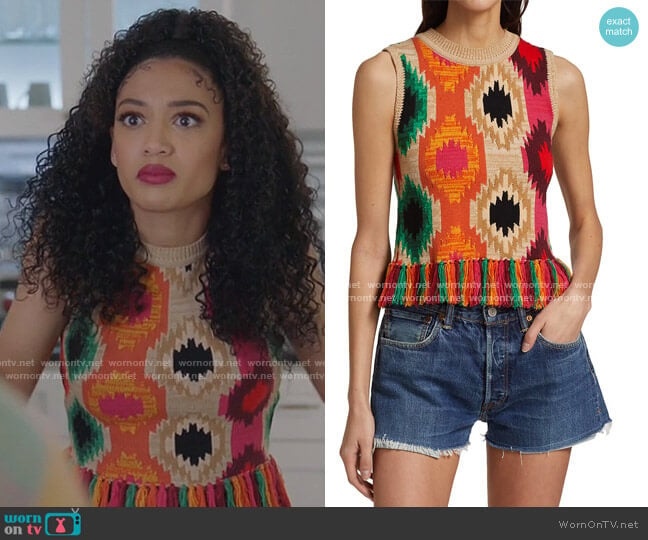 Reva Print Fringe Peplum Tank Top by Alice + Olivia worn by Olivia Baker (Samantha Logan) on All American