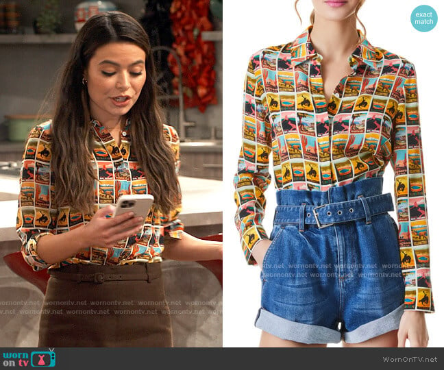 Alice + Olivia Postcard Print Silk Shirt worn by Carly Shay (Miranda Cosgrove) on iCarly