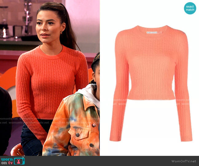 Alice + Olivia Ciara Cable Knit Sweater in Deep Coral worn by Carly Shay (Miranda Cosgrove) on iCarly