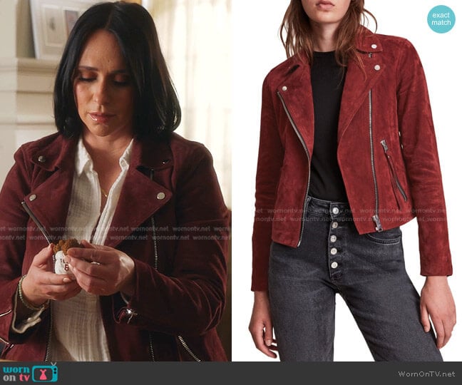 Dalby Suede Biker Jacket in Cherry Oak Red by All Saints worn by Maddie Kendall (Jennifer Love Hewitt) on 9-1-1