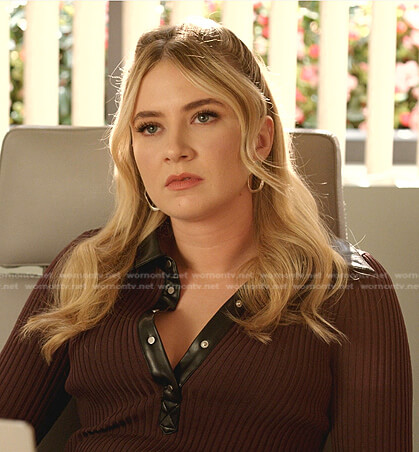 Amanda's brown leather trim polo top on Dynasty