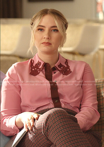 Amanda's Chloe's pink embroidered collar blouse on Dynasty