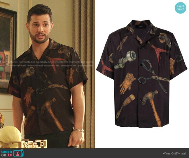 Tool-Print Silk Shirt by Amiri worn by Sam Flores (Rafael de la Fuente) on Dynasty