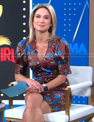 Amy's brown floral ruched mini dress on Good Morning America