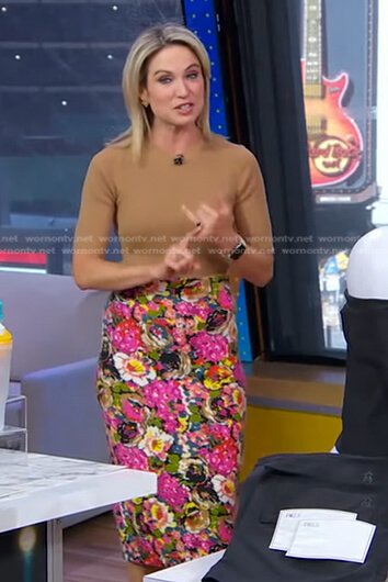 Amy’s camel ribbed top and floral skirt on Good Morning America