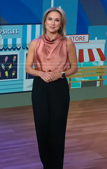 Amy’s pink satin top and black pants on Good Morning America
