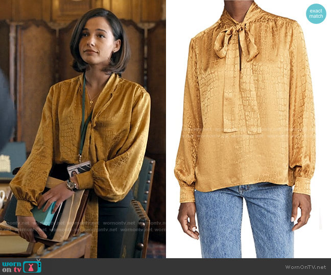 WornOnTV Olivia s gold tie neck blouse on Anatomy of a Scandal