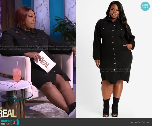 Distress Denim Bodycon Shirtdress by Ashley Stewart worn by Loni Love on The Real