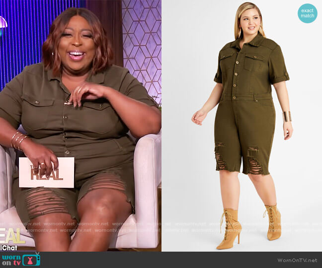 Distressed Denim Utility Romper worn by Ashley Stewart worn by Loni Love on The Real