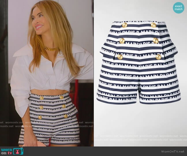 Logo stripe print shorts by Balmain worn by Chrishell Stause on Selling Sunset