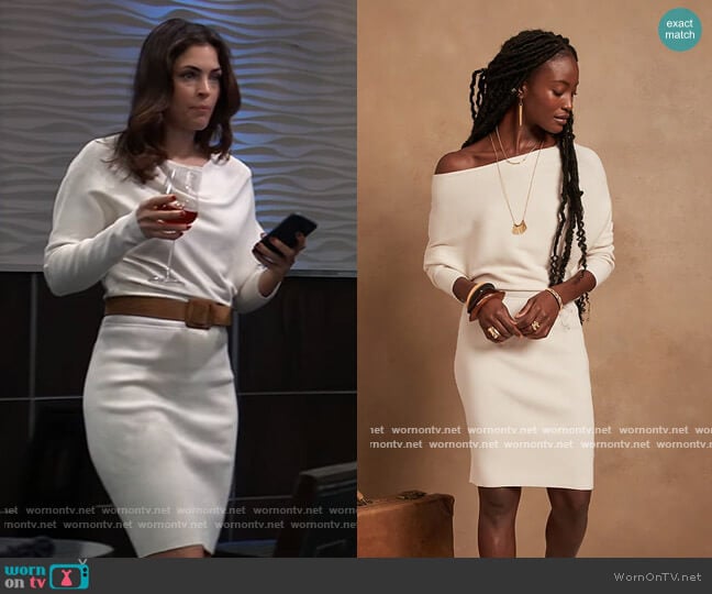 Off-the-Shoulder Sweater Dress by Banana Republic worn by Britt Westbourne (Kelly Thiebaud) on General Hospital