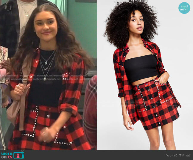 Buffalo Plaid Studded Shirt and Skirt by Bar III worn by Marissa Reyes on Ravens Home