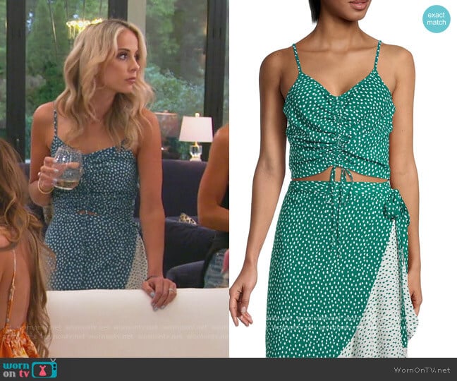 Dot-Print Ruched Crop Top and Skirt by BCBGeneration worn by Traci Johnson on The Real Housewives of New Jersey