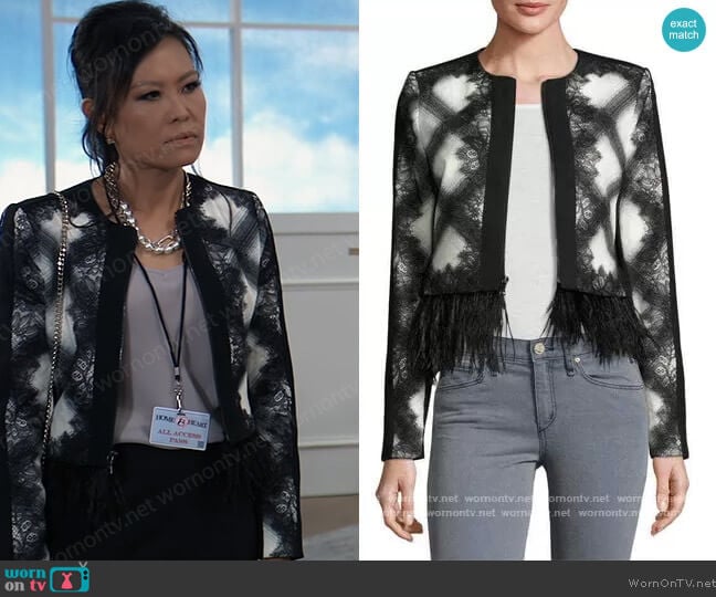 Ostrich Feather Trim Cropped Jacket by BCBGMAXAZRIA worn by Lydia Look on General Hospital worn by Selina Wu (Lydia Look) on General Hospital