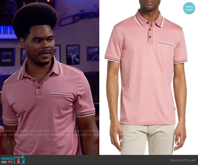 BOSS Parlay Polo Shirt in Open Pink worn by Carter (Julian Gant) on Call Me Kat