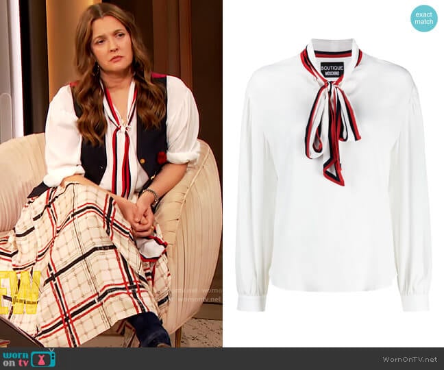 Striped Pussy Bow Blouse by Moschino worn by Drew Barrymore on The Drew Barrymore Show