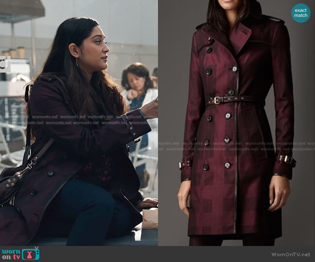 Long Check Cotton Trench Coat by Burberry worn by Leela Devi (Anuja Joshi) on The Resident