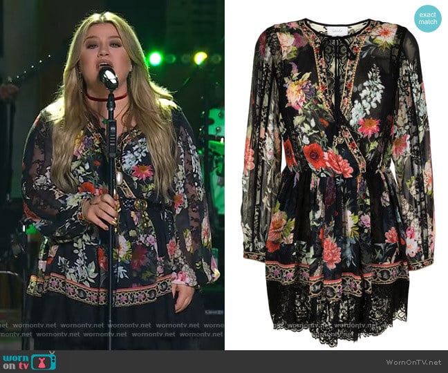 Floral-print silk mini dress by Camilla worn by Kelly Clarkson on The Kelly Clarkson Show