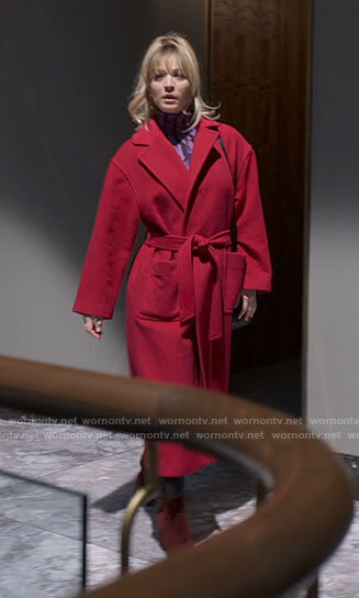 Cassie’s red coat on The Flight Attendant