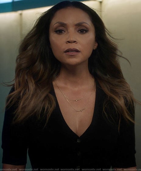 Cecile's black v-neck short sleeve cardigan on The Flash