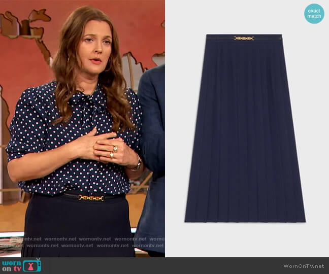 Pleated Skirt in Sand Crepe Navy by Celine worn by Drew Barrymore on The Drew Barrymore Show