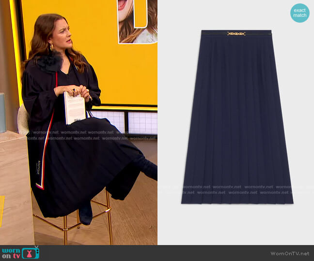 Pleated Skirt in Sand Crepe Navy by Celine worn by Drew Barrymore  on The Drew Barrymore Show