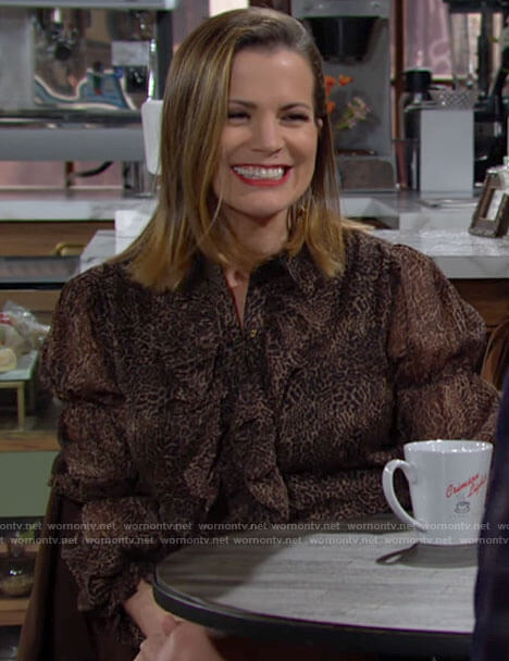 Chelsea's ruffled leopard print blouse on The Young and the Restless