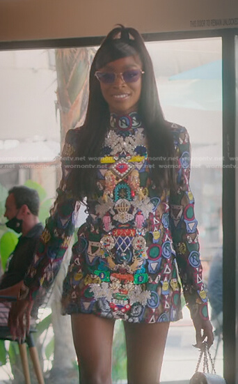 Chelsea's multicolor embroidered mini dress on Selling Sunset