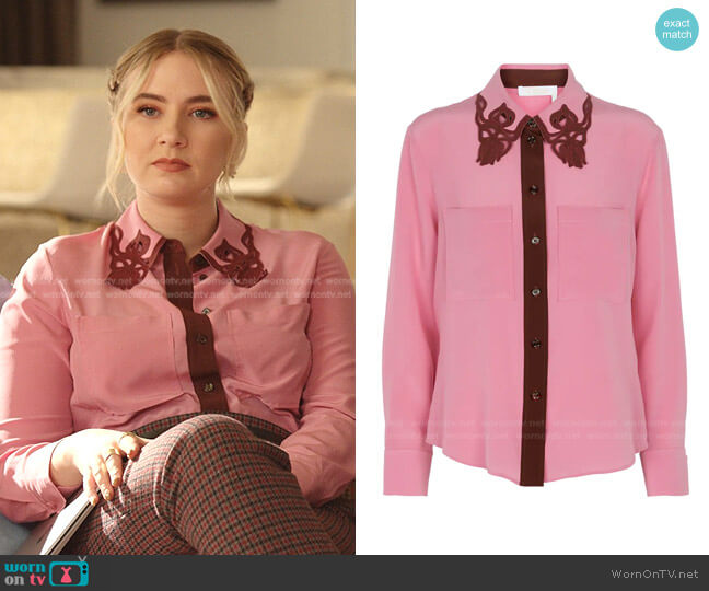 Silk Shirt With Embroidered Cut-out Detail by Chloe worn by Amanda Carrington (Eliza Bennett) on Dynasty