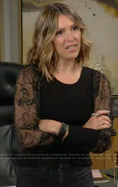 Chloe's black sweater with sheer floral sleeves on The Young and the Restless