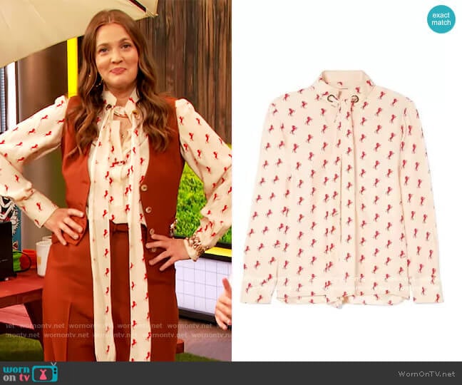 Printed pussy-bow silk-crepe blouse by Chloe worn by Drew Barrymore on The Drew Barrymore Show