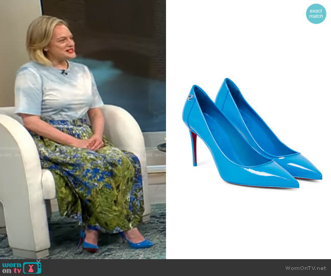 Christian Louboutin Sporty Kate 85 patent leather pumps worn by Elisabeth Moss on CBS Mornings