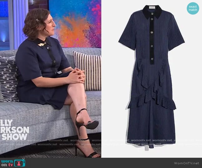 Striped Long Ruffle Shirt Dress by Coach worn by Mayim Bialik on The Kelly Clarkson Show