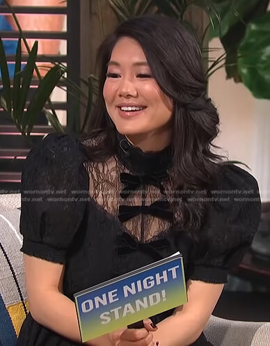 Crystal Kung Minkoff’s black bow detail lace dress on E! News Daily Pop