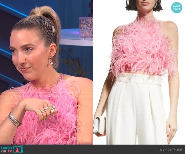 Joey Ostrich Feather Halter Top by Cult Gaia worn by Jackie Schimmel on E! News Nightly Pop