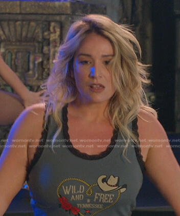 Davia's grey Wide and Free print tank on Good Trouble