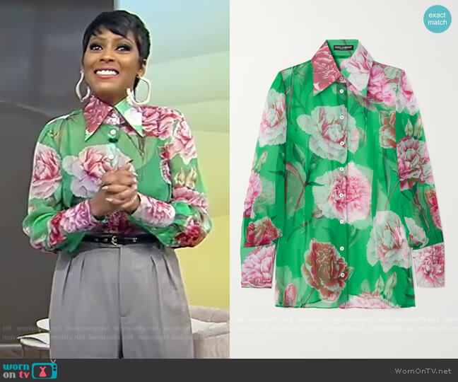 Floral-print silk-chiffon shirt by Dolce and Gabbana worn by Tamron Hall on Tamron Hall Show