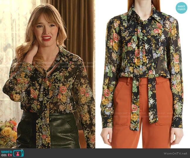 Irene Floral Tie Neck Semisheer Blouse by Derek Lam 10 Crosby worn by Kirby Anders (Maddison Brown) on Dynasty