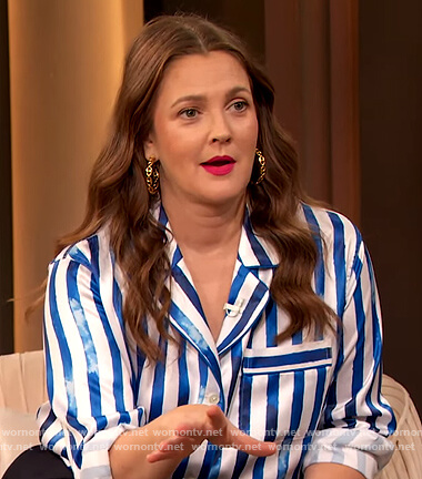 Drew’s blue stripe satin blouse on The Drew Barrymore Show