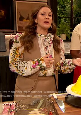 Drew's floral print tie neck blouse on The Drew Barrymore Show