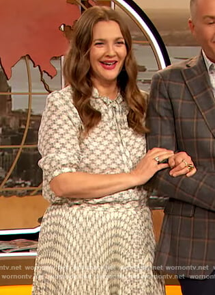 Drew’s Celine logo monogram blouse and skirt on The Drew Barrymore Show