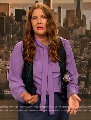 Drew's purple tie neck blouse on The Drew Barrymore Show