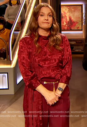 Drew’s burgundy chain detail pants on The Drew Barrymore Show