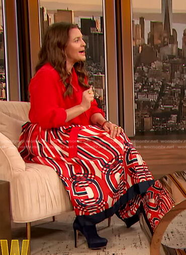 Drew's red striped midi skirt on The Drew Barrymore Show