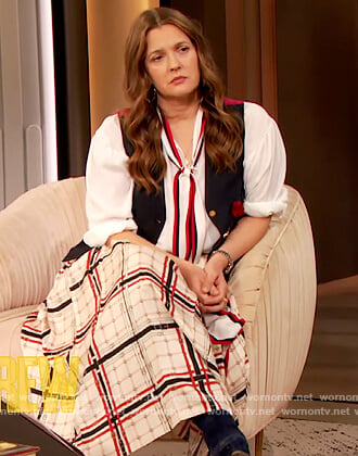 Drew's white plaid skirt on The Drew Barrymore Show