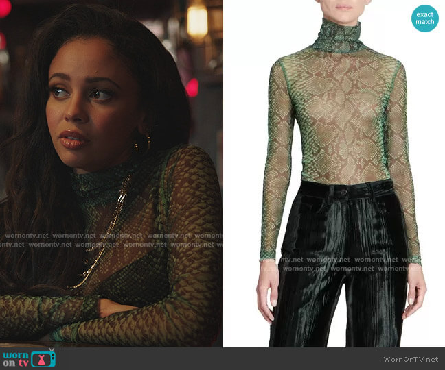 Sheer Snake Print Top by Dries Van Noten worn by Toni Topaz (Vanessa Morgan) on Riverdale