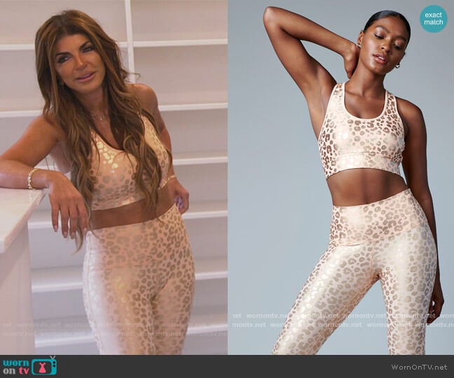 Foil Cheetah Printed Bra and Leggings by Electric Yoga worn by Teresa Giudice on The Real Housewives of New Jersey