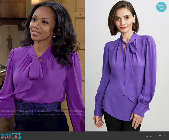 Elie Tahari Tie Neck Shirt in Iris worn by Amanda Sinclair (Mishael Morgan) on The Young & the Restless